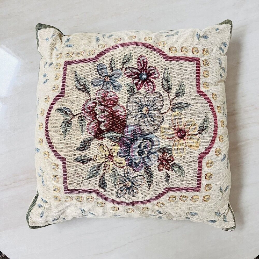 Vintage French Tapestry Floral Cushion CottageCore Needlepoint Made in France15”